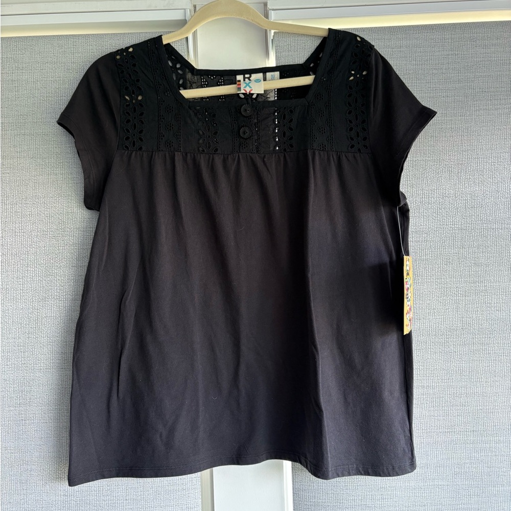 Roxy Black Tee with Lace Neckline NWT